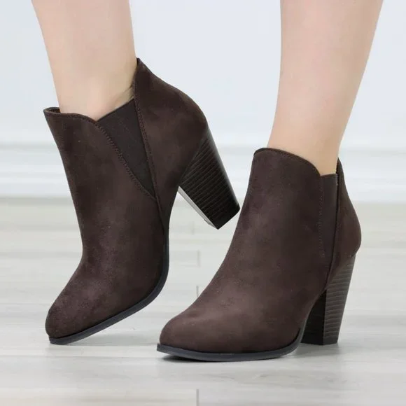 Womens Ankle Heeled Boots Elastic Gore Pointed Toe Brown Faux Suede - Picture 10 of 12